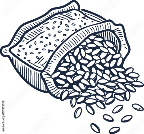 Bag of rice with spilled grains detailed hand drawn illustration of rice bag, agricultural food crop supply