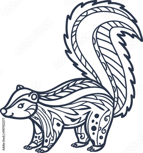 Stylized skunk illustration with decorative ethnic patterns and ornamental design elements