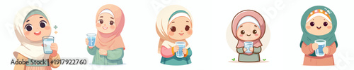 half body vector of a little muslim girl holding a glass of water to break the fast