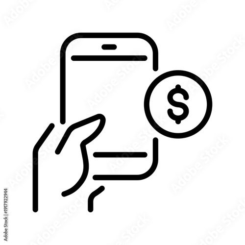 Mobile bank line icon. Hand holding phone black symbol. Dollar sign. Payment, cash, finance, bank, money concept. Vector illustration. Isolated on a white background. Flat design. Editable stroke.