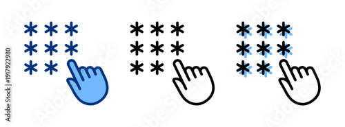 Enter password icons set. Pin code black blue line icon collection. Hand click, clicking sign. Protection, security, privacy concept. Vector illustration. Flat design. Isolated on a white background.