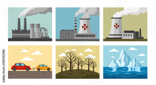 Pollution and Environmental Degradation Illustration Set.