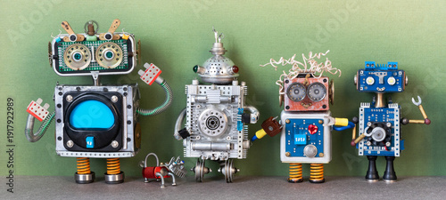 Toy robot quartet and mechanical dog on green paper background. Unique design concept, whimsical character flyer, creative toy leaflet