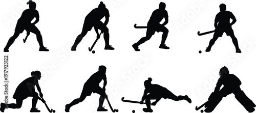 Field hockey player silhouettes in action poses isolated on white background sports vector illustration collection set