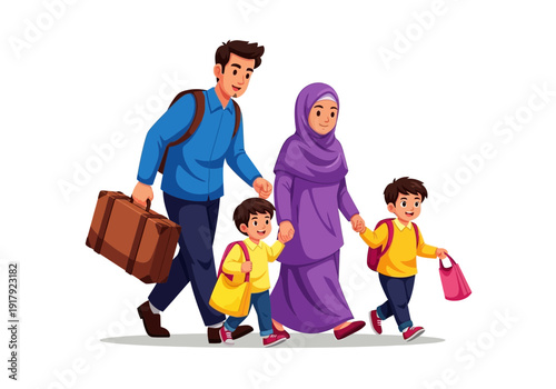 Family walking together with luggage
