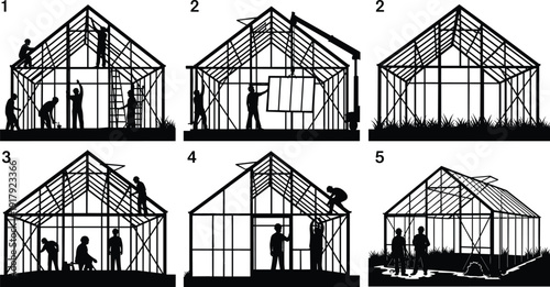 Greenhouse construction process silhouette steps isolated on white background building frame assembly vector illustration set