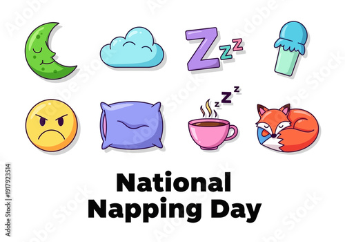 National napping day celebration with cartoon icons and text