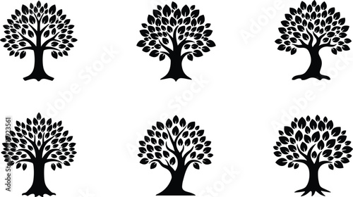 Collection of Minimal Black Tree Logo Silhouettes with Leafy Canopy and Strong Trunk for Modern Nature Branding