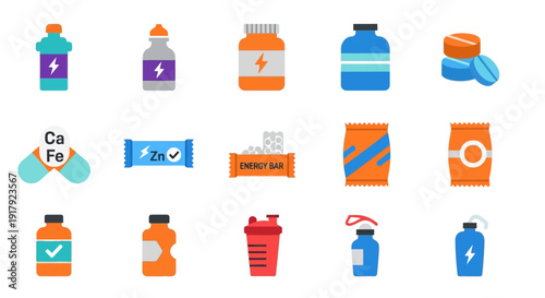 Collection of various medicine and supplement icons in different colors and shapes.