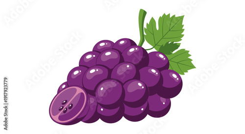 Bunch of ripe purple grapes with leaves and a halved grape.