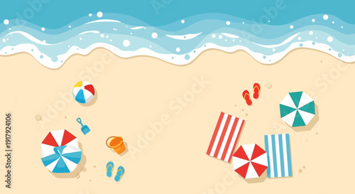 Summer beach scene with umbrellas and beach accessories.