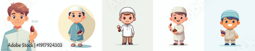vector of a little Muslim boy holding dates to break the fast