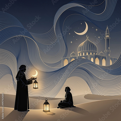 Silhouetted figures in traditional clothing kneel and stand on sand dunes holding illuminated lanterns beneath a crescent moon, with mosque domes, minarets, stars, and flowing wave lines.
