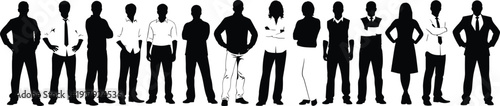 Business people team silhouette standing in row isolated on white background corporate workforce vector illustration set