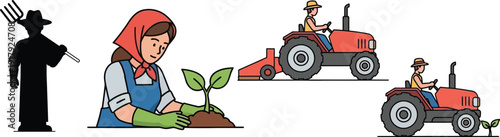 Agricultural scene with farmer planting and tractor