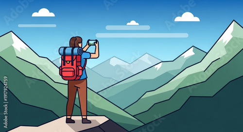 Man taking photo on mountain peak with breathtaking view of green mountains and blue sky