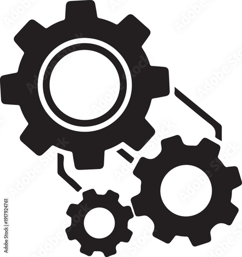 Black silhouette of three interlocking gear wheels representing industry, mechanics, and teamwork