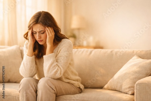 Wallpaper Mural Woman Experiencing Headache Sit on Sofa in Warm Light Torontodigital.ca