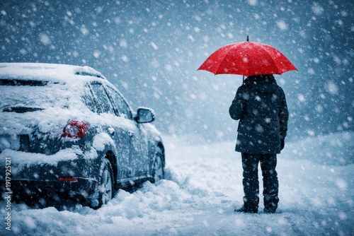 Wallpaper Mural Winter Solitude: Person with Red Umbrella Stands by Snowy Car in Blizzard Torontodigital.ca