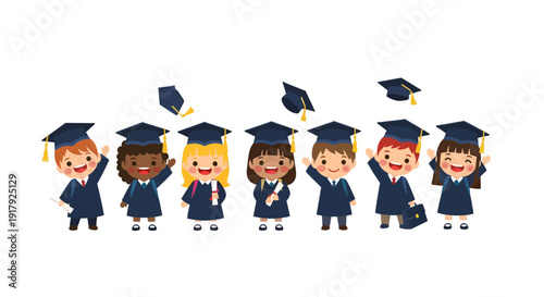 Graduation kids vector illustration, cartoon style graphic for education and celebration.