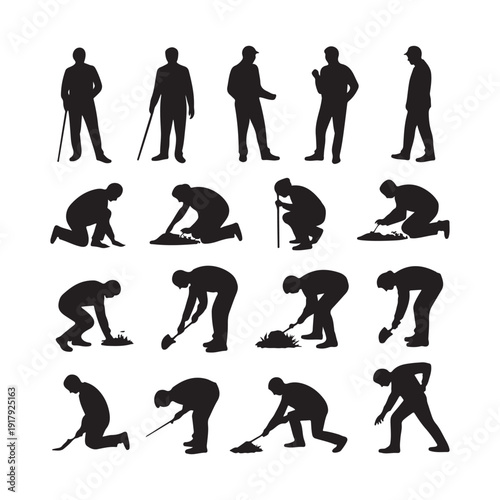 Silhouettes of people engaged in various gardening activities like planting, digging, and standing with tools