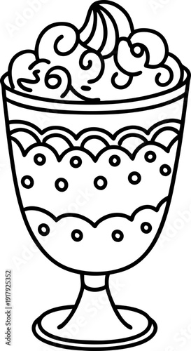 Layered dessert in a cup with whipped cream topping, sweet treat illustration