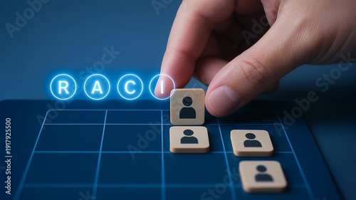 Hand placing person icon block on RACI matrix board, concept of project management responsibility and role assignment