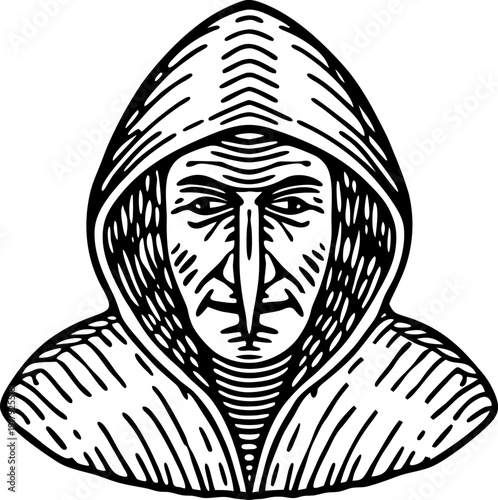 old man with long nose in hooded cloak mysterious character portrait with vintage engraving