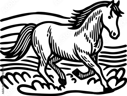 Stylized running horse illustration black and white equine drawing with dynamic flowing mane and tail design