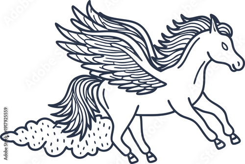 Winged horse flying over clouds pegasus mythological creature with feathers and flowing mane