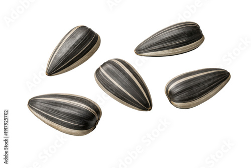 five striped sunflower seeds with detailed textures and patterns, isolated on a transparent background, ideal for food, agriculture, and healthy eating content.