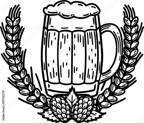 Hand drawn beer mug with foam surrounded by wheat stalks and hop cones vintage illustration