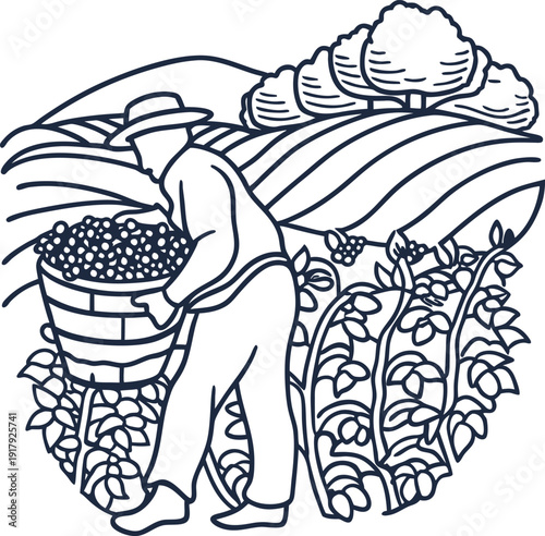 Farmer harvesting crops in field with basket, rural agricultural landscape and plants