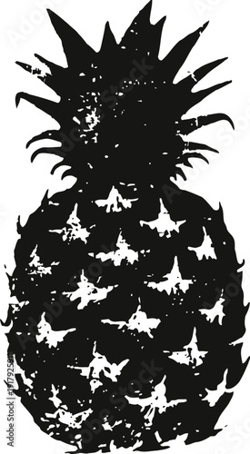 Black and white pineapple silhouette with rough texture and detailed spiky crown shape