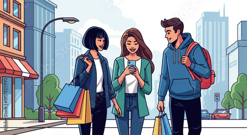 Three friends shopping together in city street with bags and smartphone