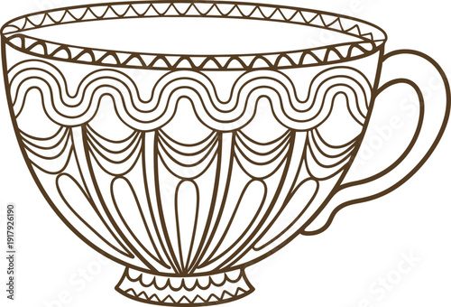 Intricate ornamental tea cup with abstract decorative patterns and elegant handle design