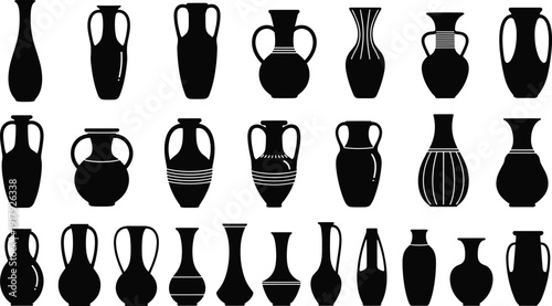 Collection of antique ceramic vases and amphora silhouettes isolated on white background traditional pottery vector illustration set