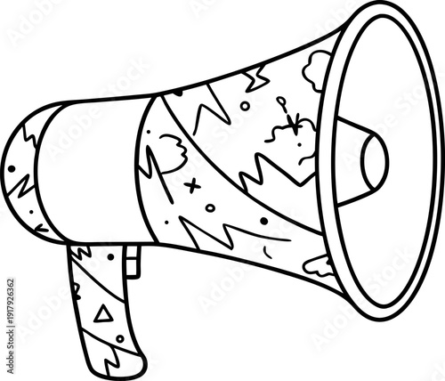 Megaphone with abstract patterns, doodle hand held loudspeaker illustration, simple black and white line art