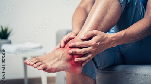 Swollen Ankle Injury with Hands Holding Painful Foot for Sprain and Inflammation Treatment
