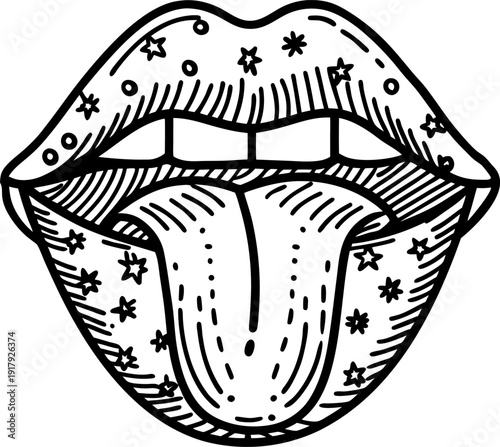 Open lips with tongue out decorated by stars and dots in black and white line art