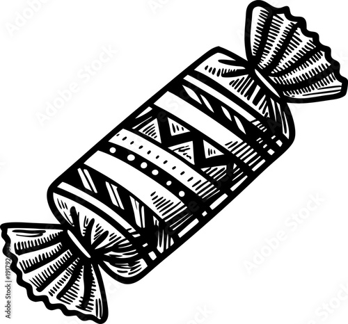 Wrapped candy illustration sweet confectionery treat with decorative patterned wrapper black and white sketch