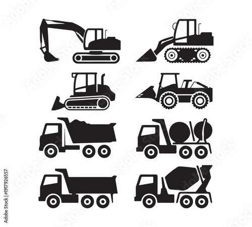 Collection of various heavy construction machinery including excavators loaders bulldozers and dump trucks in silhouettes
