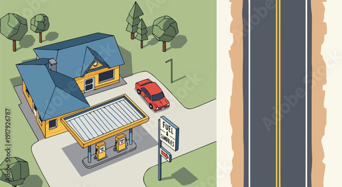 Retro gas station with a red car parked and a road, isometric illustration, vintage style, rural setting