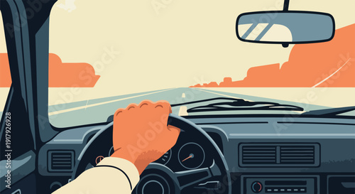 POV shot of a person driving a car on a scenic road trip through a desert landscape at sunset