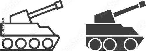 Military tank icon vector set, armored army vehicle silhouette and outline illustration isolated on white background