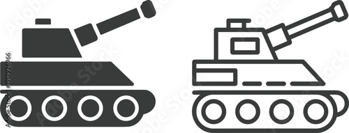Military tank silhouette and outline vector icons, armored army combat vehicle illustration isolated on white background