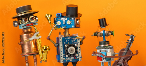 Kind toy musicians with saxophone, trumpet and cello on stage. Music festival poster, band performance template