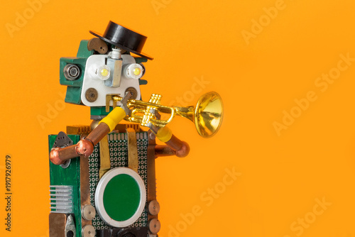 Robot jazzman player in black cap playing a humorous trumpet solo. Jazz music festival poster, stage event leaflet, performer promo card