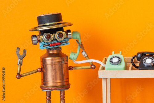 Shocked robot holding old rotary handset, listening. Automated bot concept, helpline flyer, call center invitation card