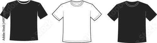 T shirt vector mockup set, blank short sleeve tee outline and silhouette templates isolated on white background